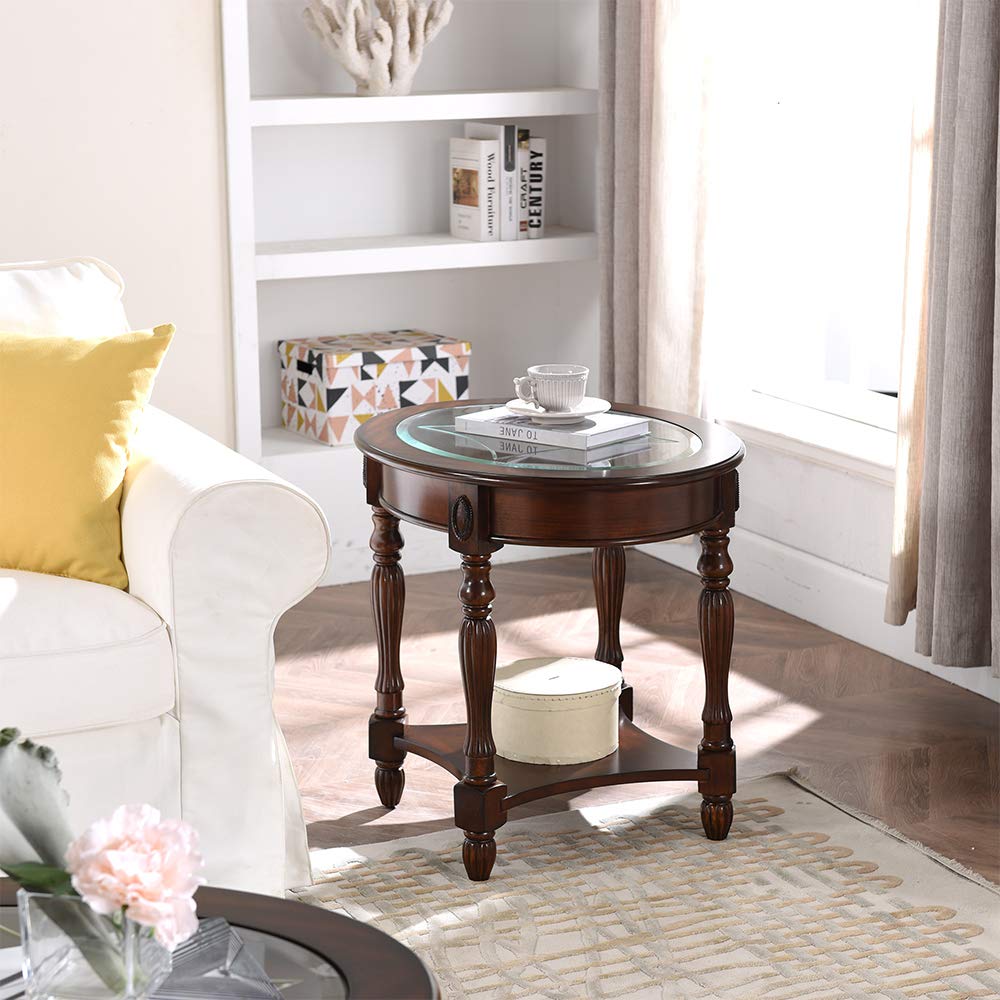Wood Oval End Table with Glass Top B522