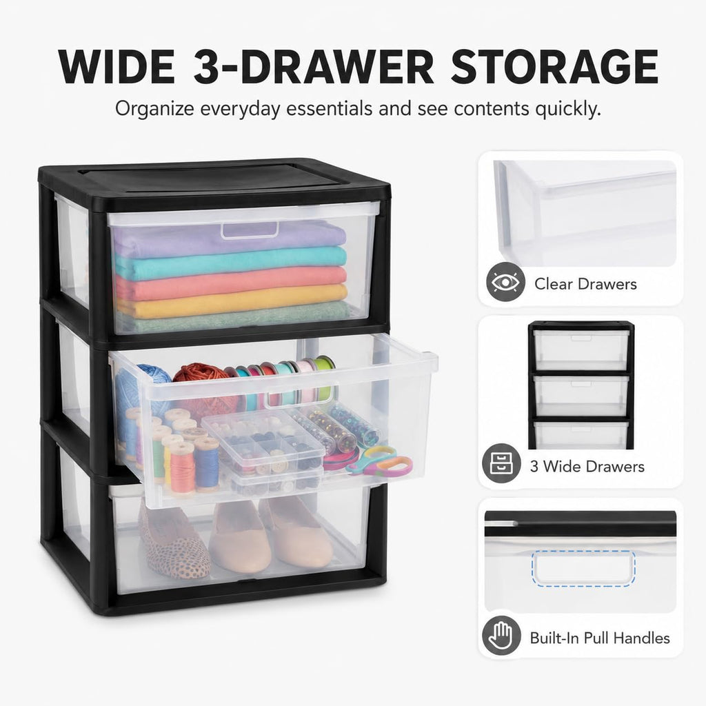 3 Drawer Storage Tower with Clear Bins O650