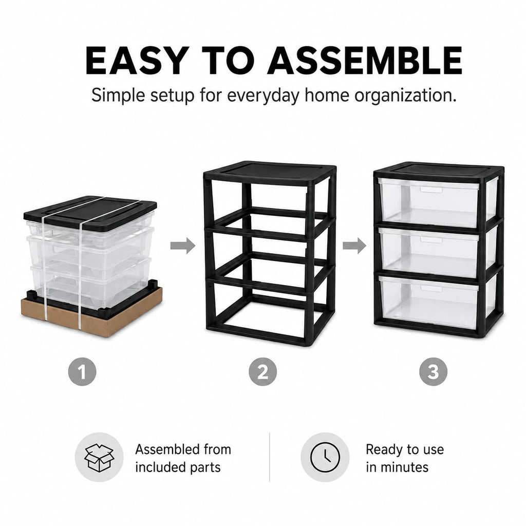 3 Drawer Storage Tower with Clear Bins O650