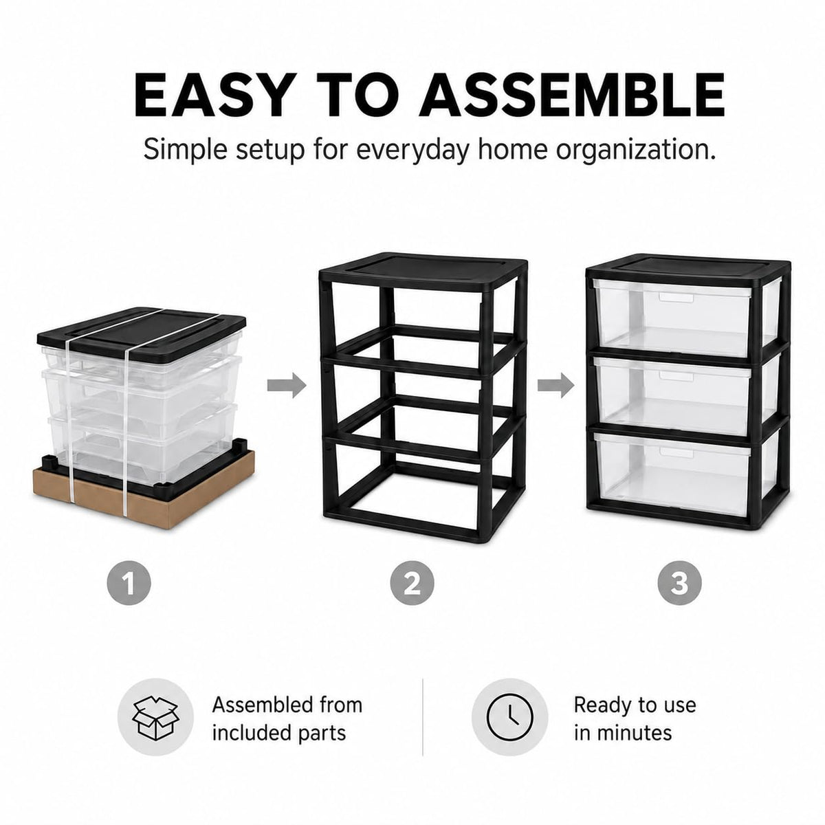 3 Drawer Storage Tower with Clear Bins O650