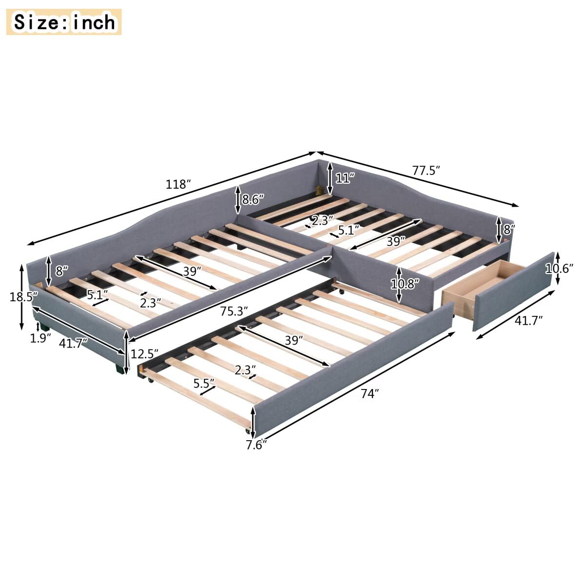Gray L-Shaped Daybed with Trundle & Drawer Q3917