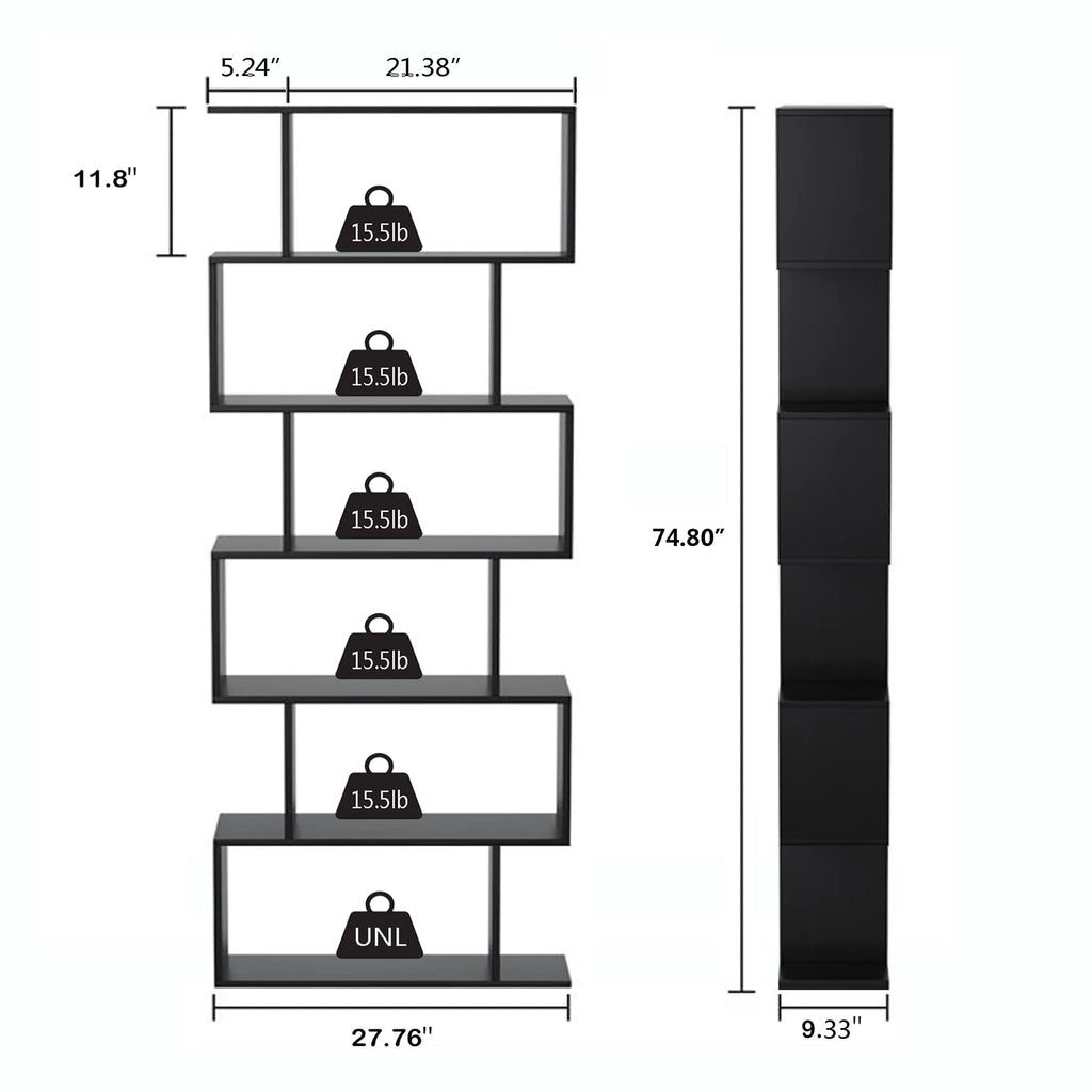 6-Tier Geometric S Shaped Wood Bookshelf D6951