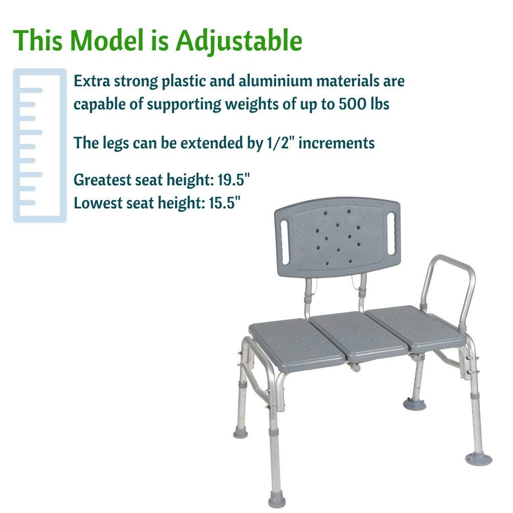 Adjustable Height Heavy Duty Transfer Bench with Back Non-Slip Seat T155