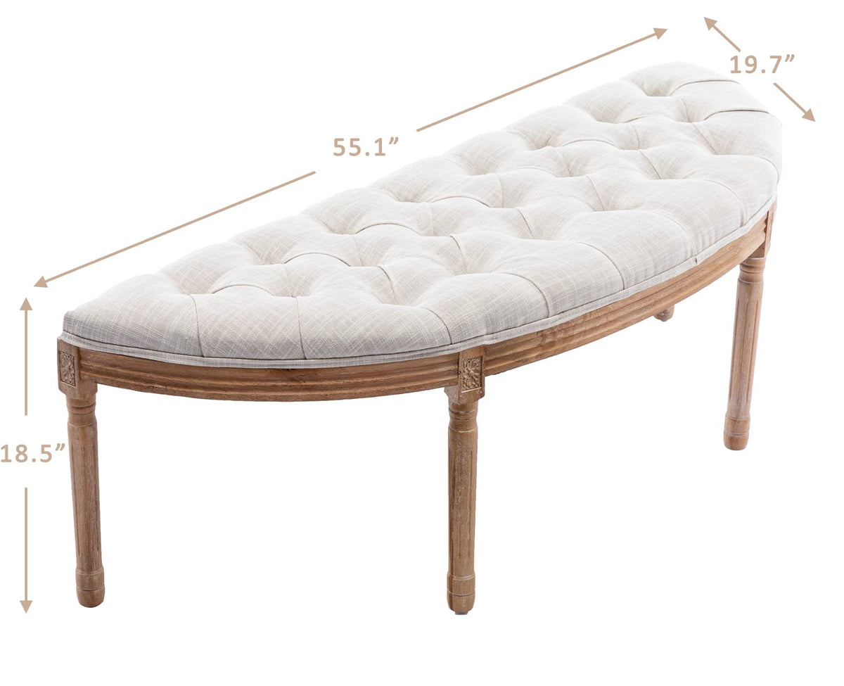 55" Upholstered Tufted Fabric Bench with Rubber Wood Legs, Beige B4409