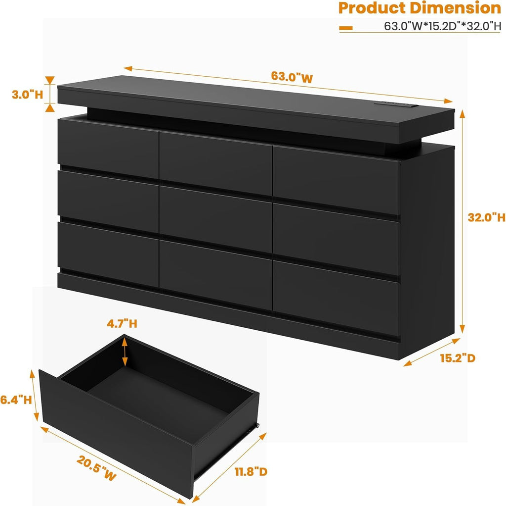 Black 9 Drawer Dresser with LED Light and Charging Station R28835
