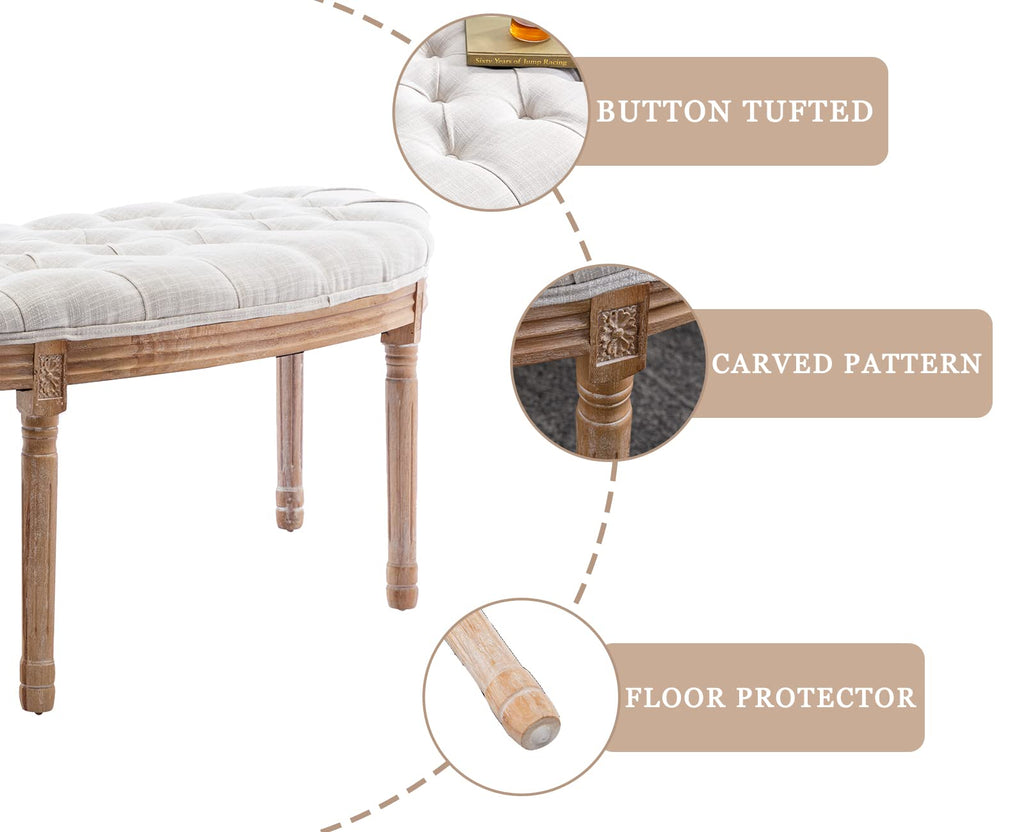 55" Upholstered Tufted Fabric Bench with Rubber Wood Legs, Beige B4409