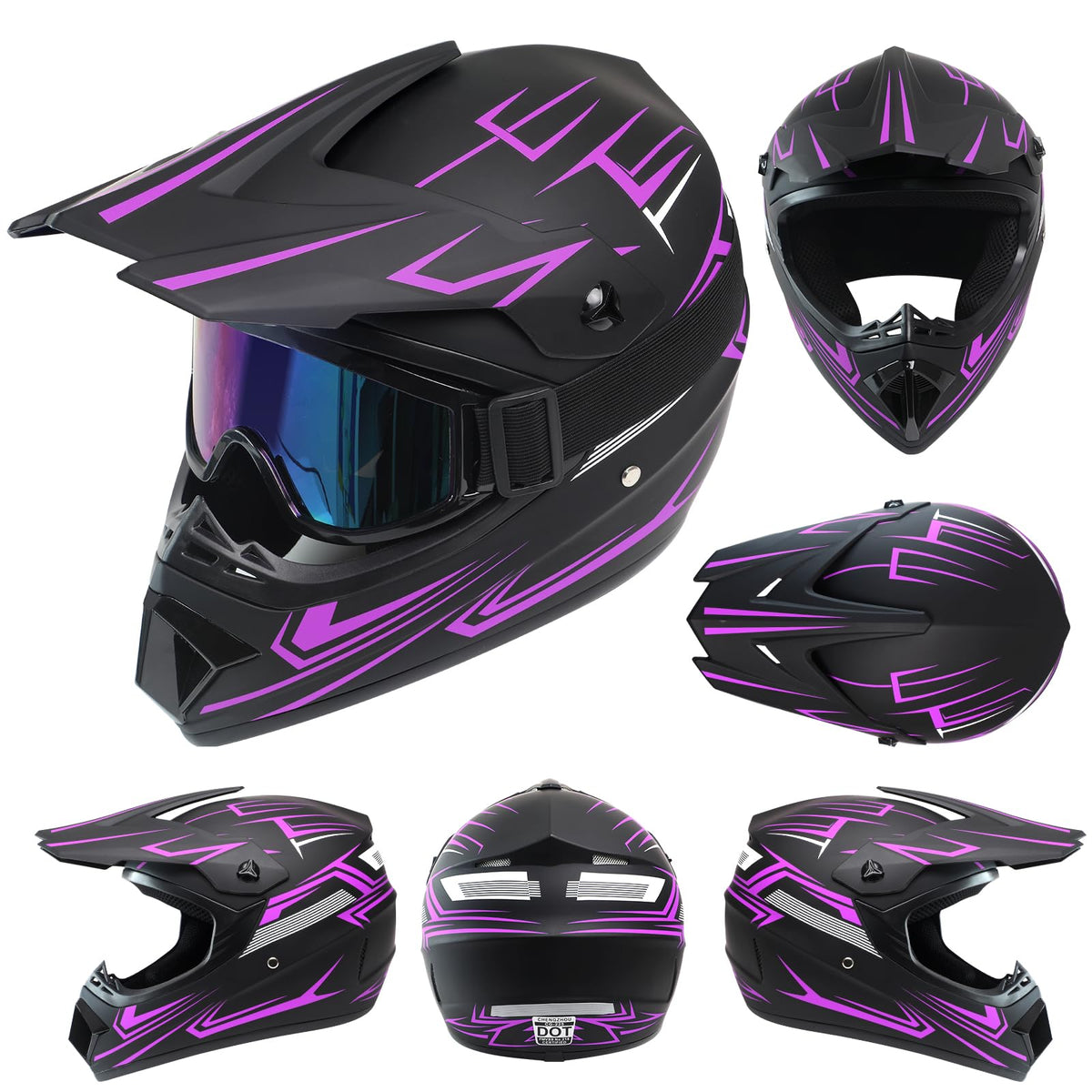 Kids Full Face Motocross Helmet 4-Pcs Set DOT Approved Purple X-Large M96186