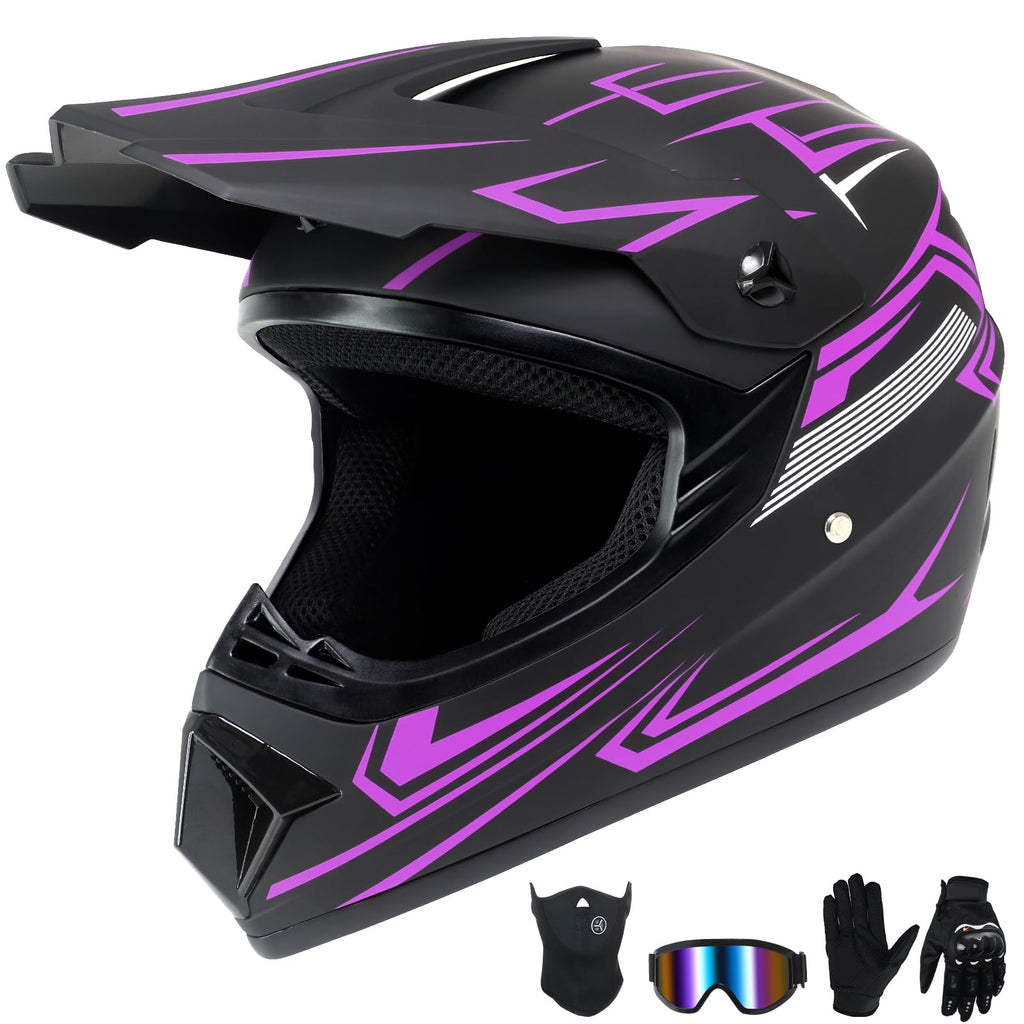 Kids Full Face Motocross Helmet 4-Pcs Set DOT Approved Purple X-Large M96186
