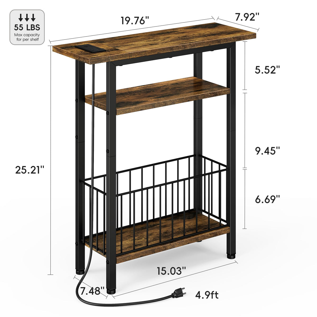 Narrow 3-Tier Side Table with Charging Station G57489