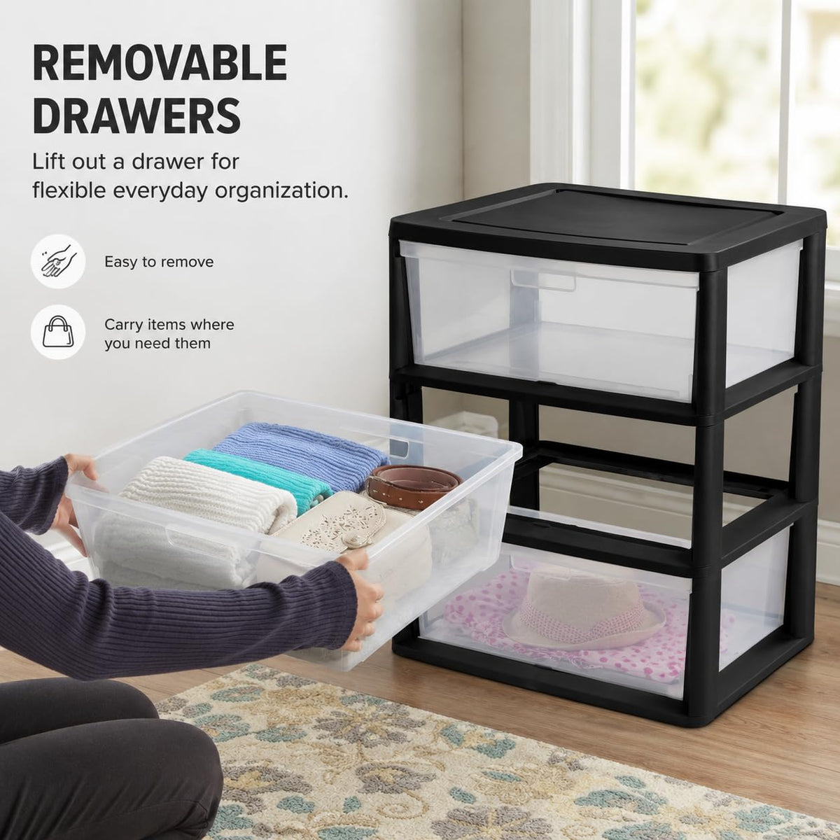 3 Drawer Storage Tower with Clear Bins O650