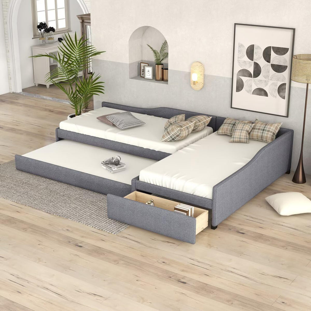 Gray L-Shaped Daybed with Trundle & Drawer Q3917