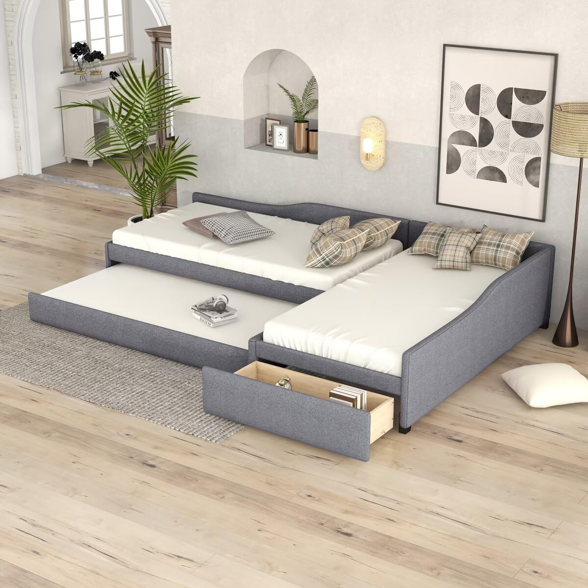 Gray L-Shaped Daybed with Trundle & Drawer Q3917