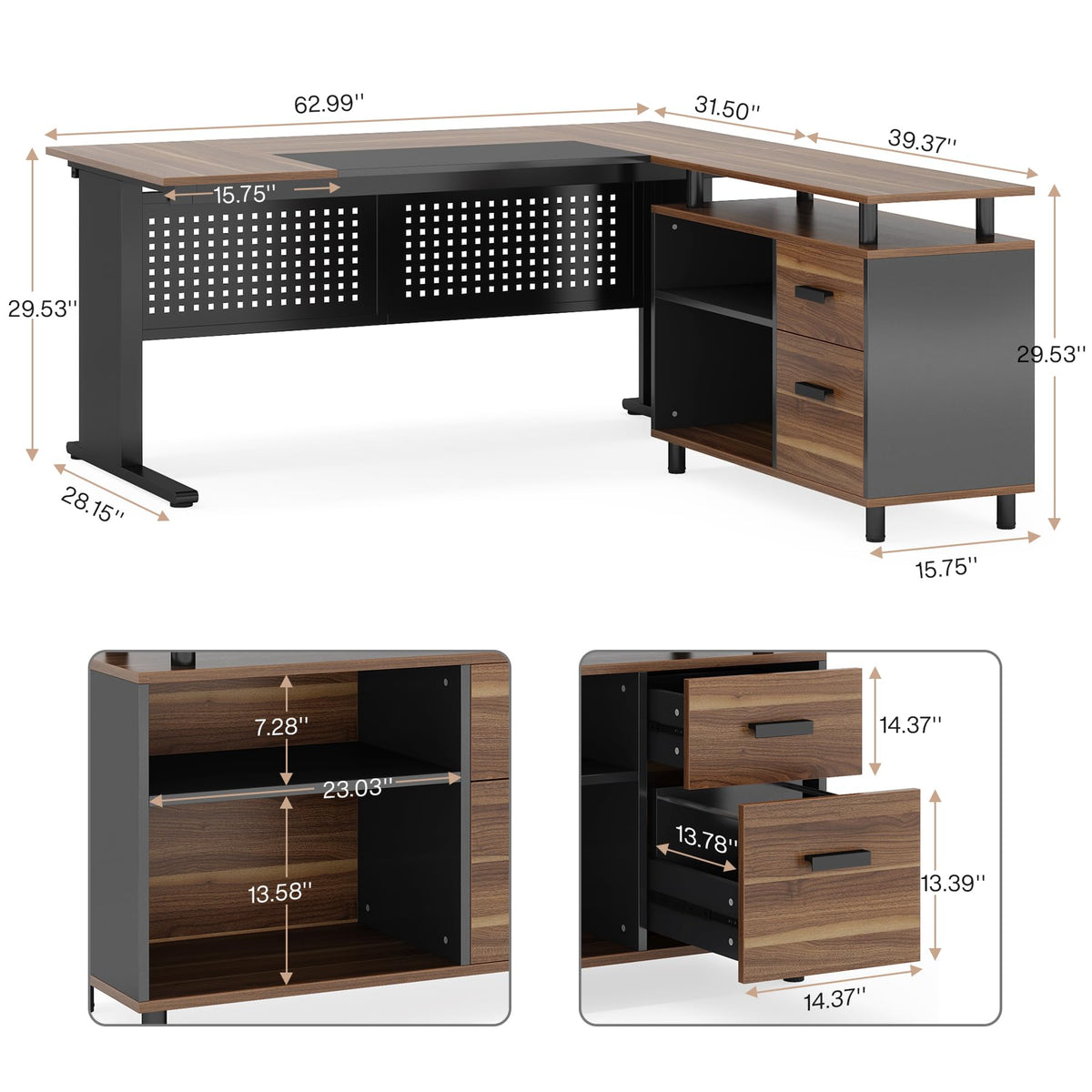 63 Inch L Shaped Computer Desk with File Cabinet and Storage Shelves N76537