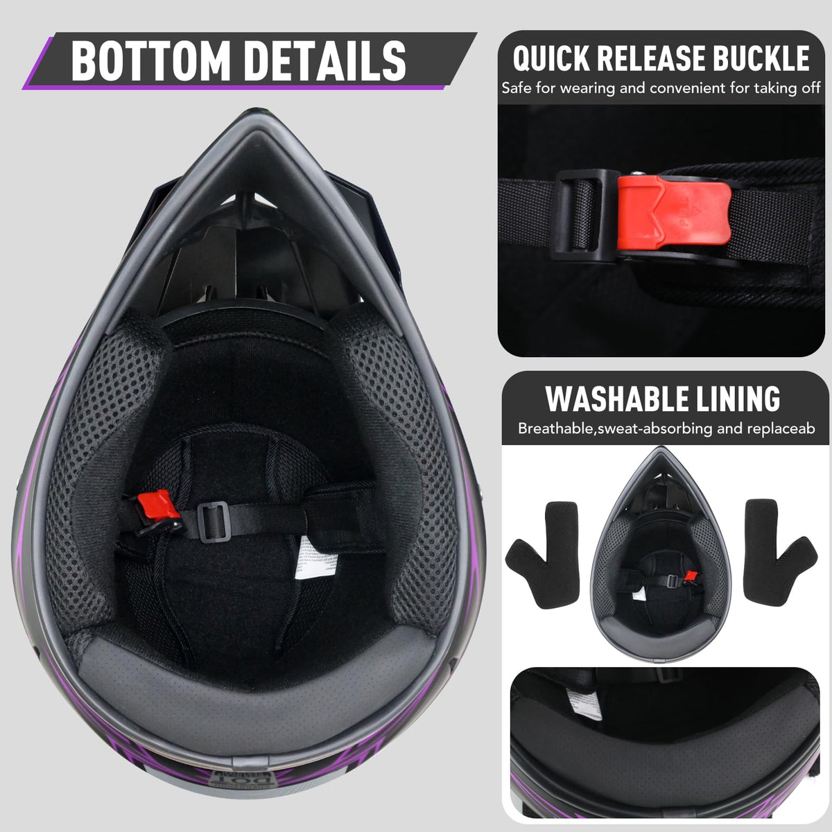 Kids Full Face Motocross Helmet 4-Pcs Set DOT Approved Purple X-Large M96186