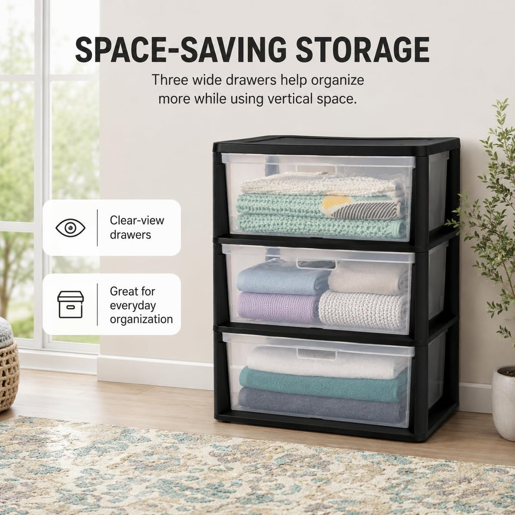 3 Drawer Storage Tower with Clear Bins O650