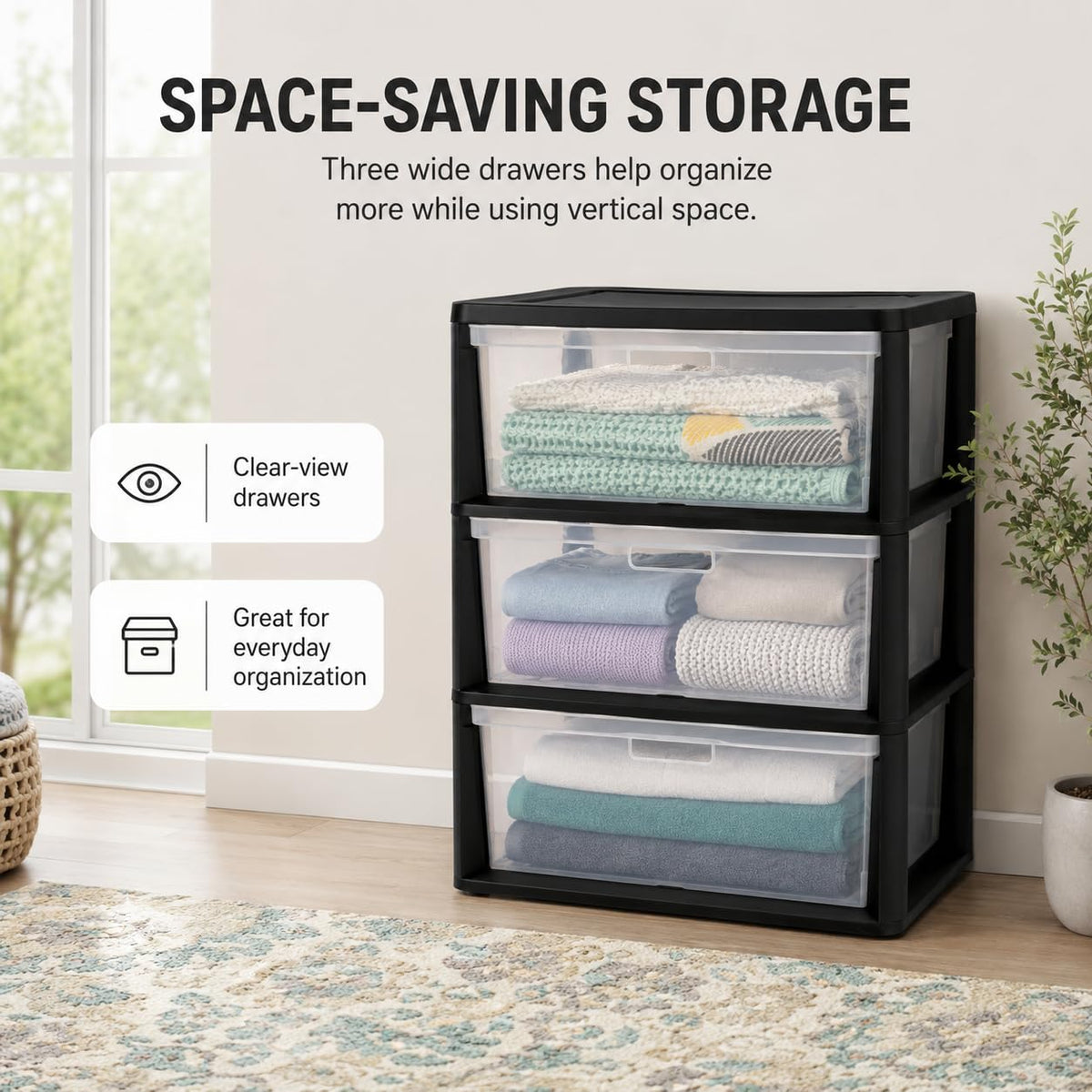 3 Drawer Storage Tower with Clear Bins O650