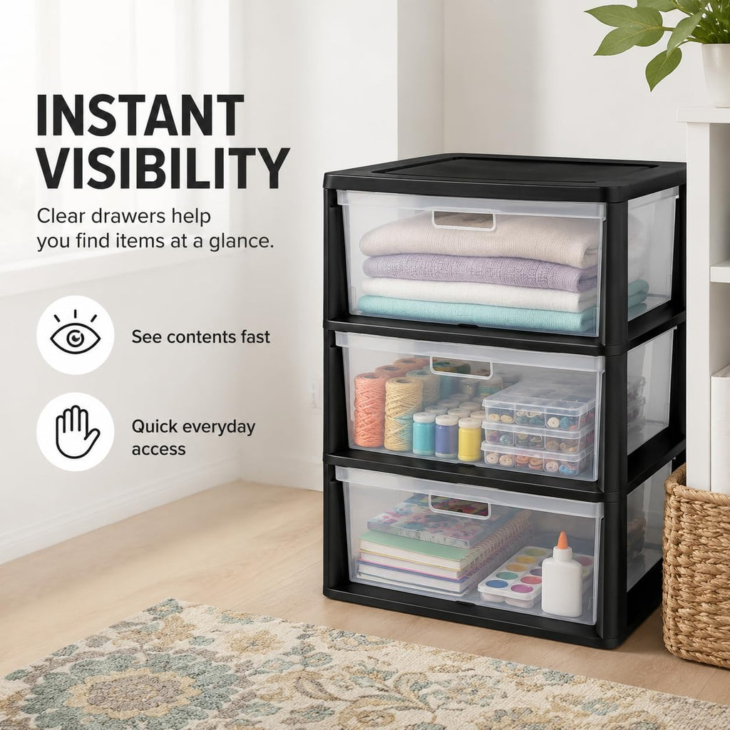 3 Drawer Storage Tower with Clear Bins O650