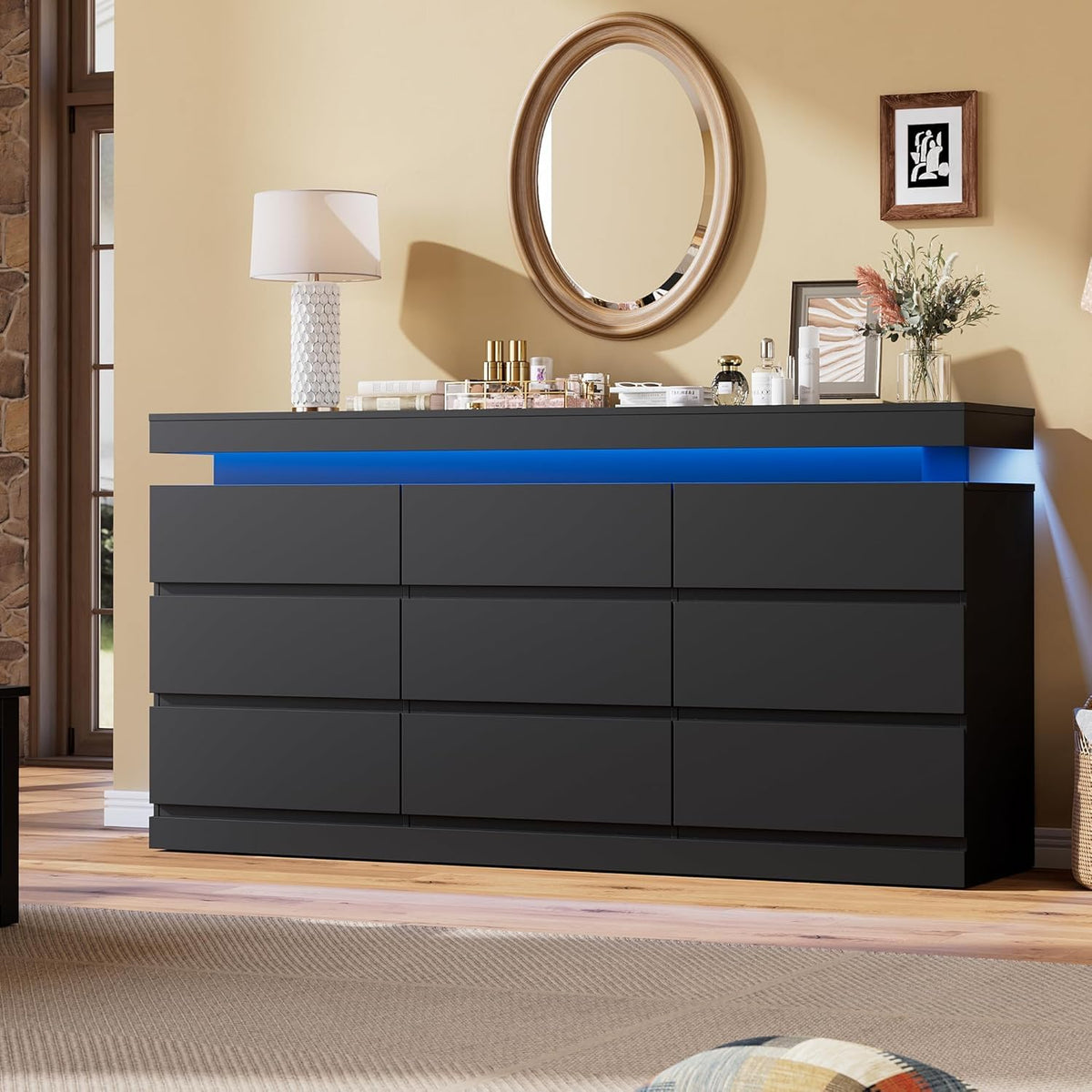 Black 9 Drawer Dresser with LED Light and Charging Station R28835