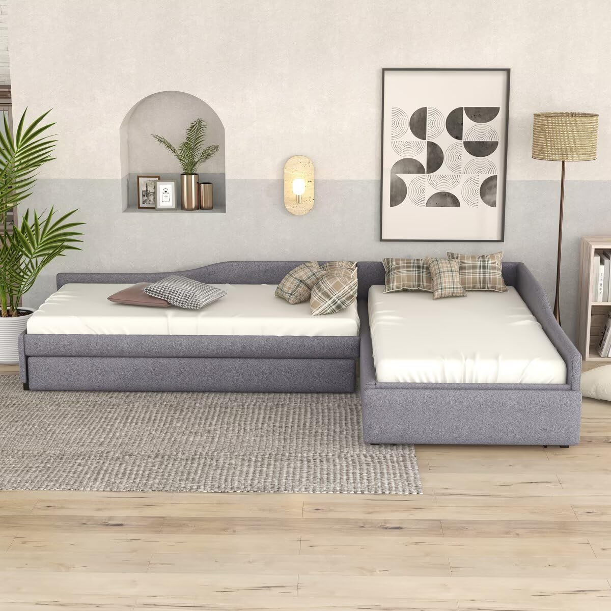 Gray L-Shaped Daybed with Trundle & Drawer Q3917