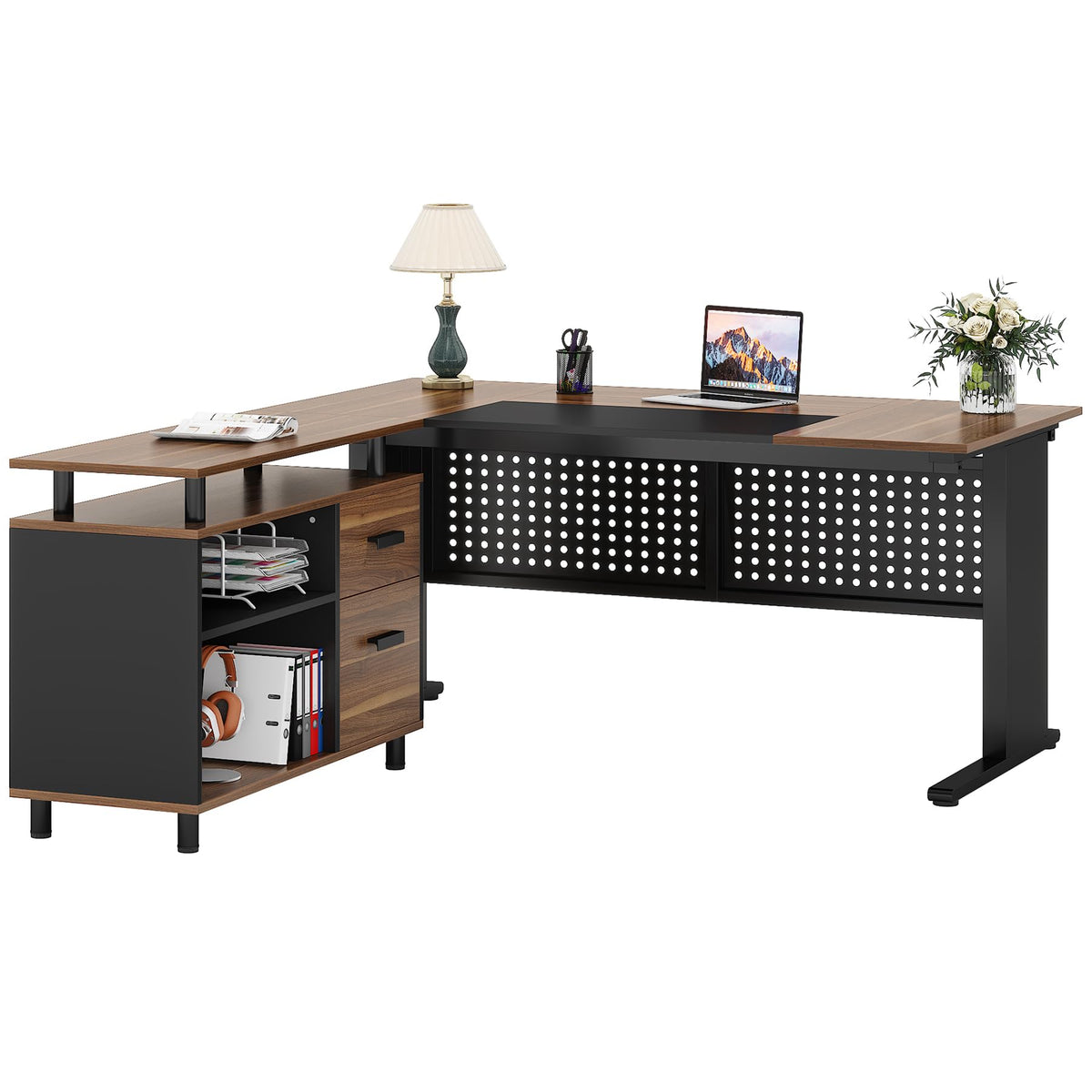 63 Inch L Shaped Computer Desk with File Cabinet and Storage Shelves N76537