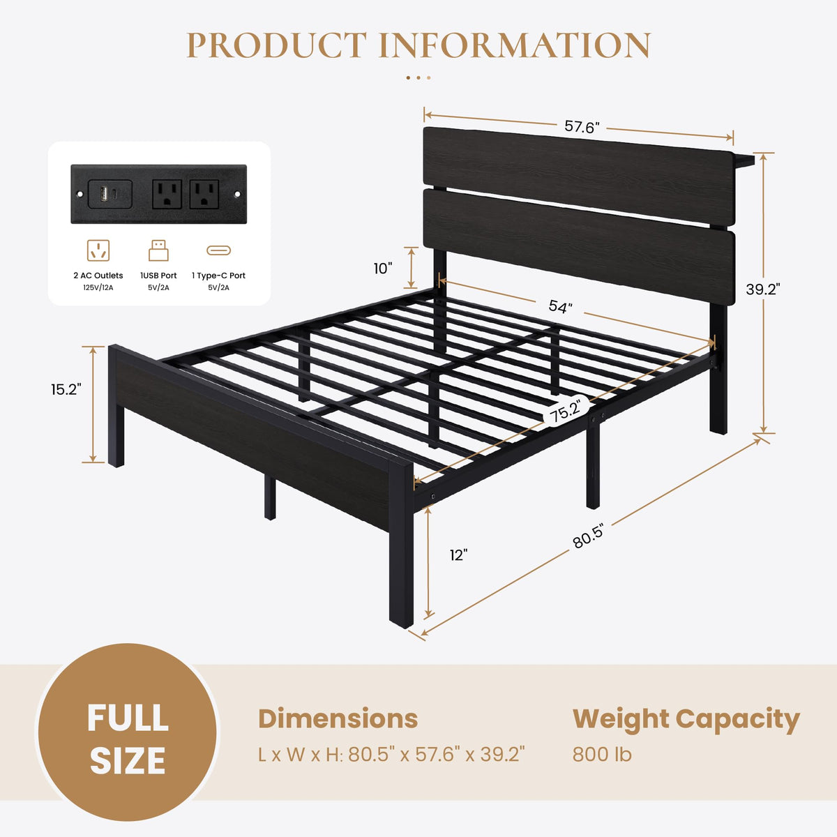 Full Size Bed Frame with Charging Station Z5091