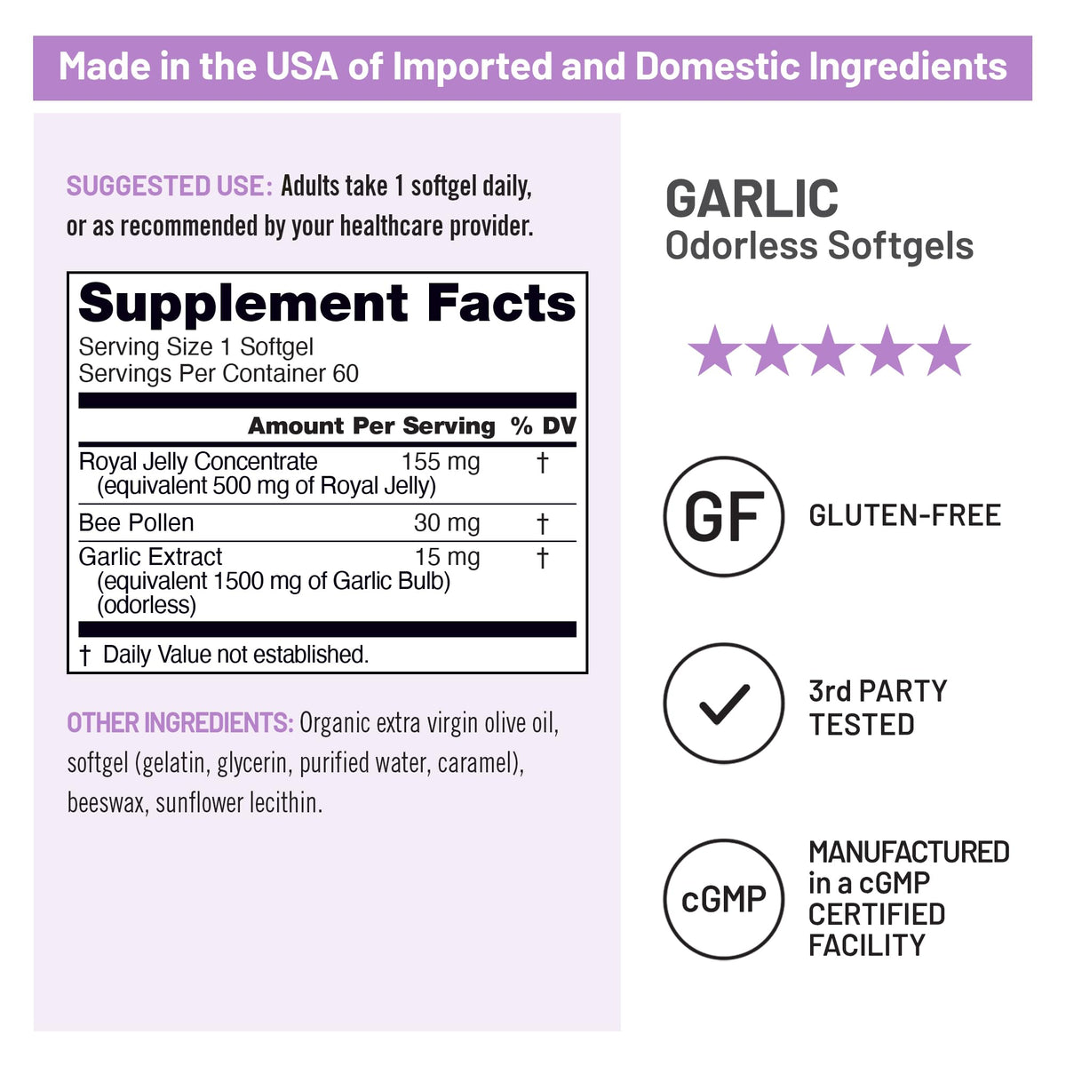 Odorless Garlic Softgels with Royal Jelly & Pollen U37477