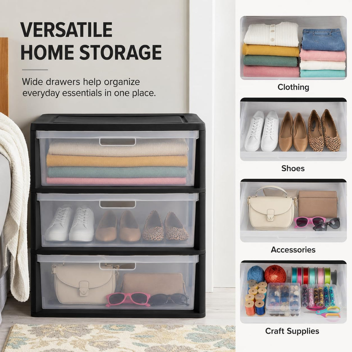 3 Drawer Storage Tower with Clear Bins O650
