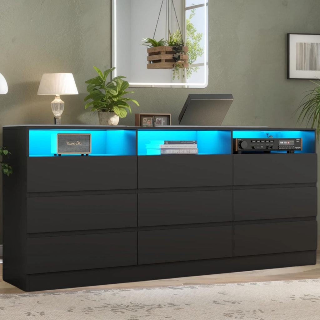 Black 9 Drawer Dresser with LED Lights & Power Outlet R5176