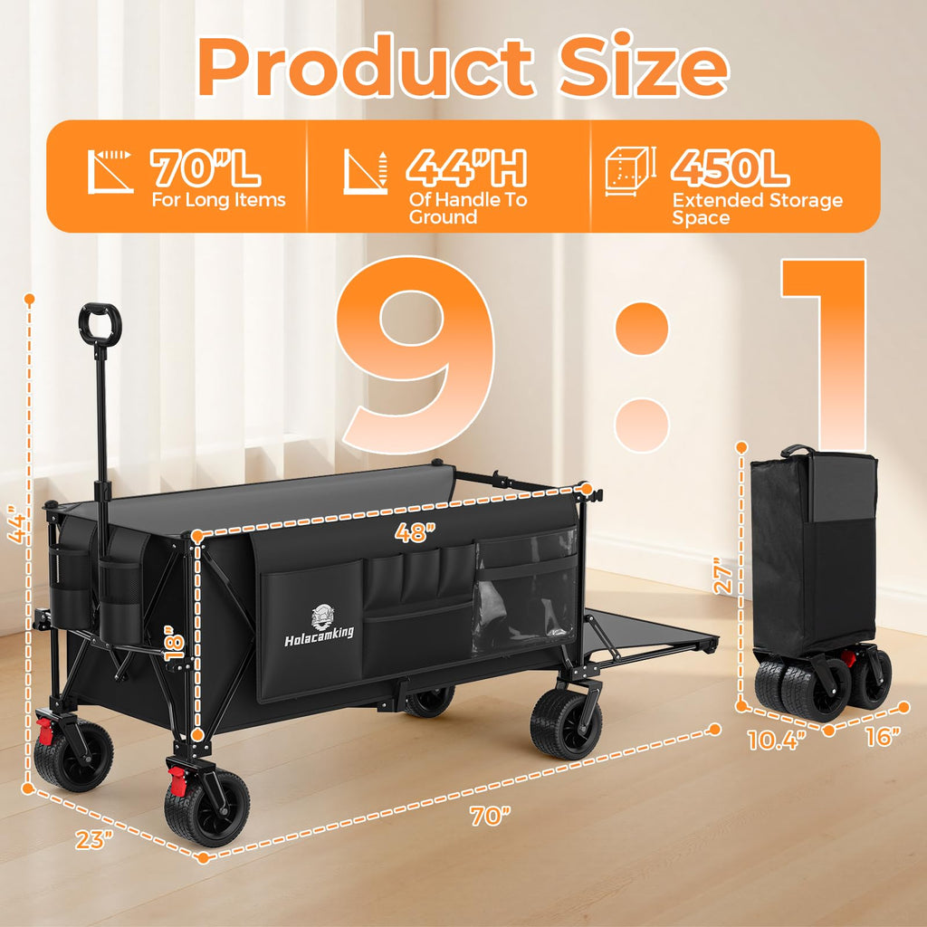 70”L Collapsible Wagon Cart with Big Wheels, Black J901