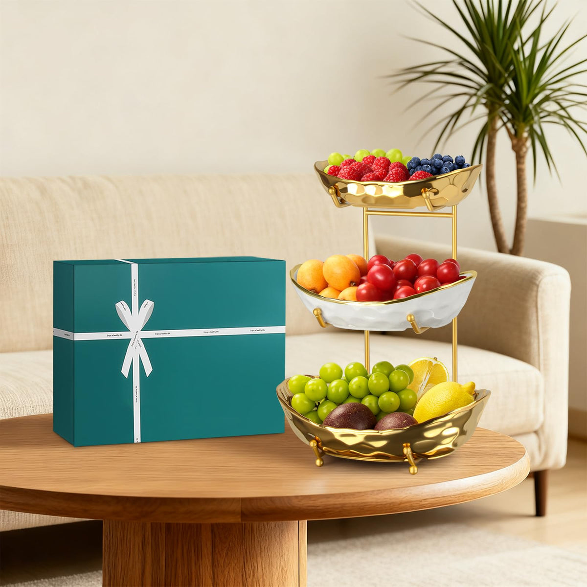 3 Tier Ceramic Fruit Basket with Metal Stand T36721