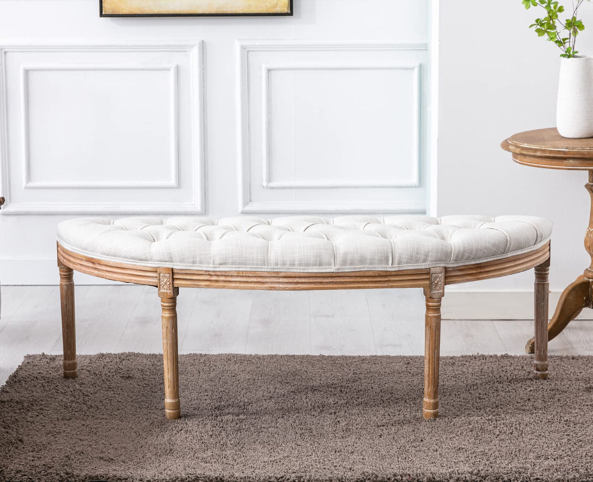 55" Upholstered Tufted Fabric Bench with Rubber Wood Legs, Beige B4409