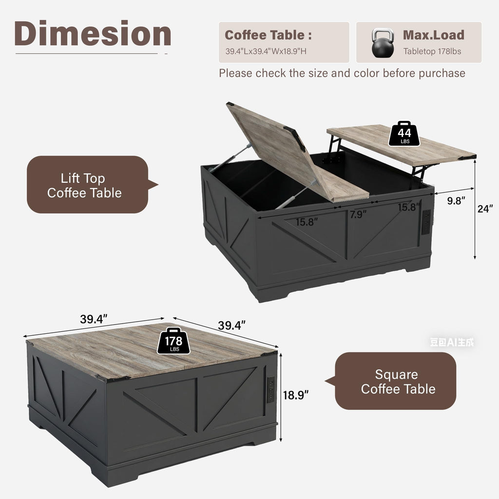 Black Lift Top Wood Coffee Table with Storage T266335