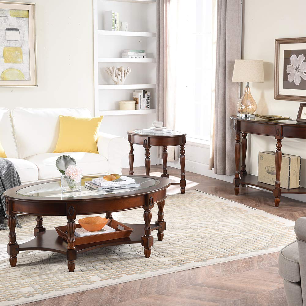 Wood Oval End Table with Glass Top B522