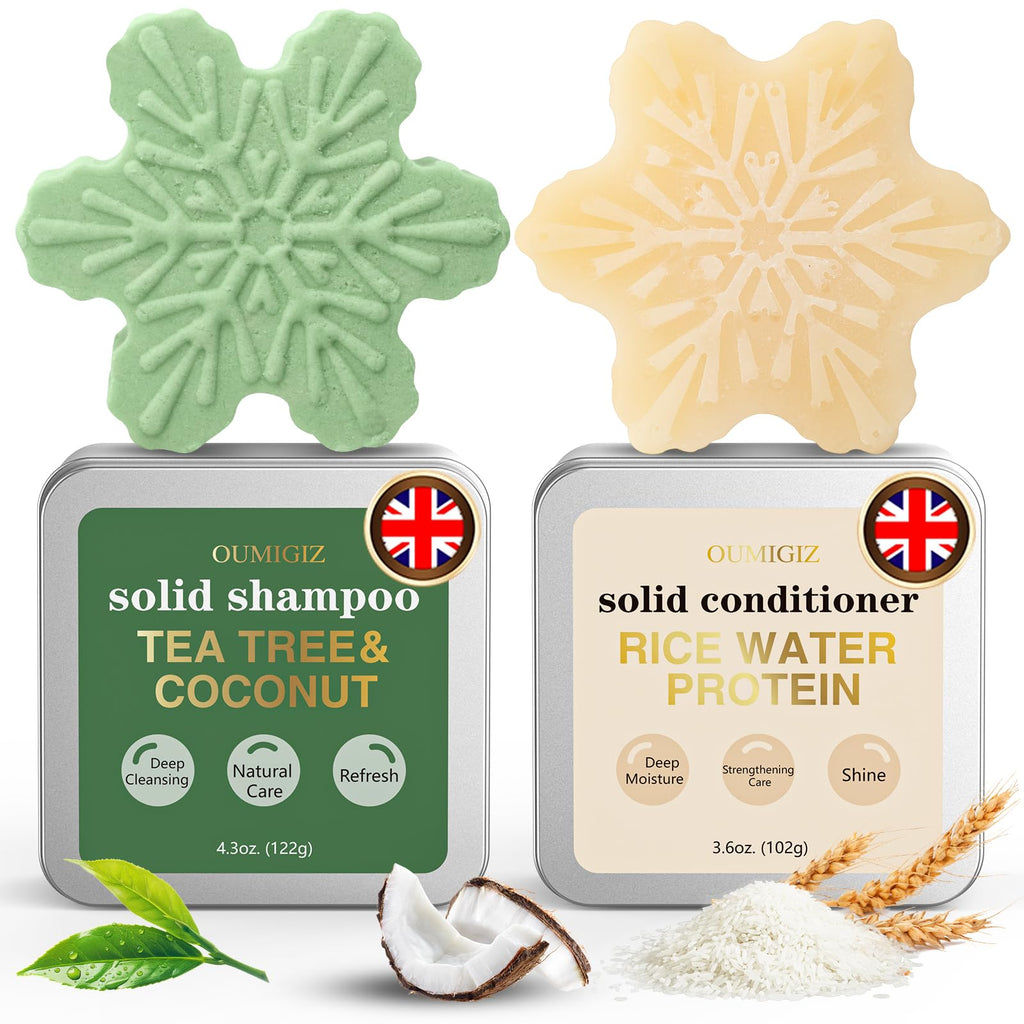 Tea Tree Clarifying Shampoo Bar & Rice Water Protein Conditioner Bar Set 2 pack D6254
