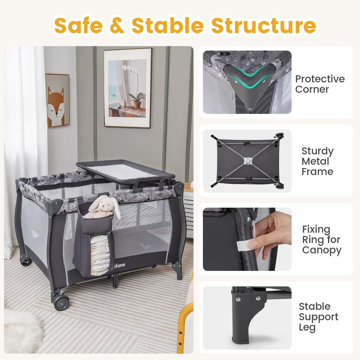 4 in 1 Pack and Play with Bassinet, Changing Table, Storage Basket I6183