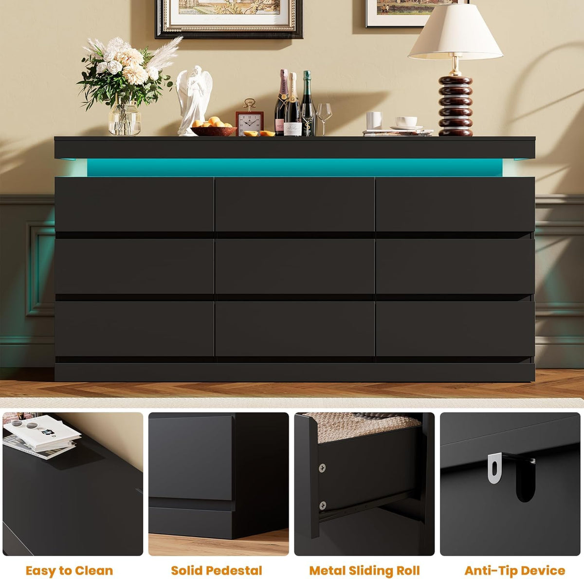 Black 9 Drawer Dresser with LED Light and Charging Station R28835