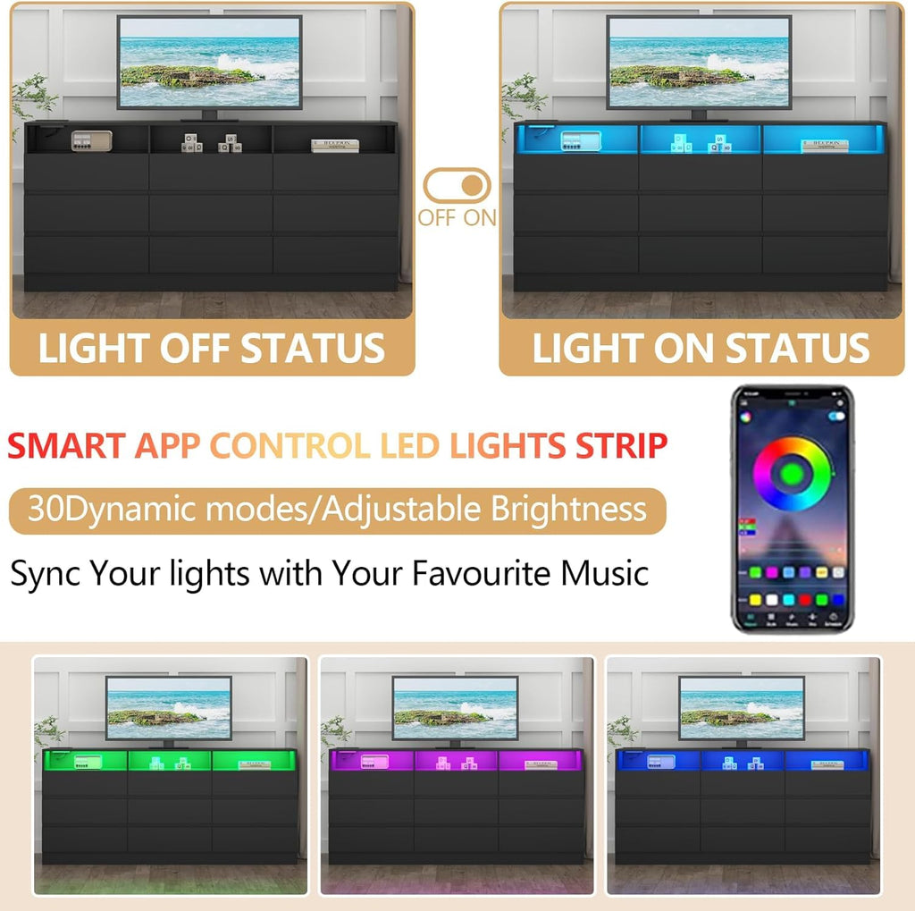 Black 9 Drawer Dresser with LED Lights & Power Outlet R5176
