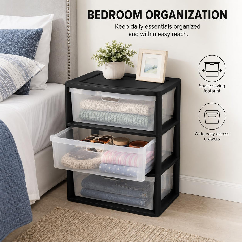 3 Drawer Storage Tower with Clear Bins O650