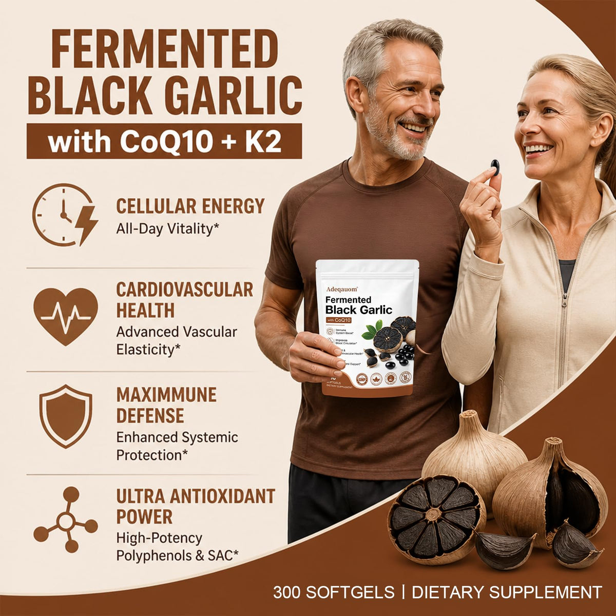 Black Aged Garlic Extract with CoQ10 Ubiquinol & Vitamin K2, 300 Softgels N862573