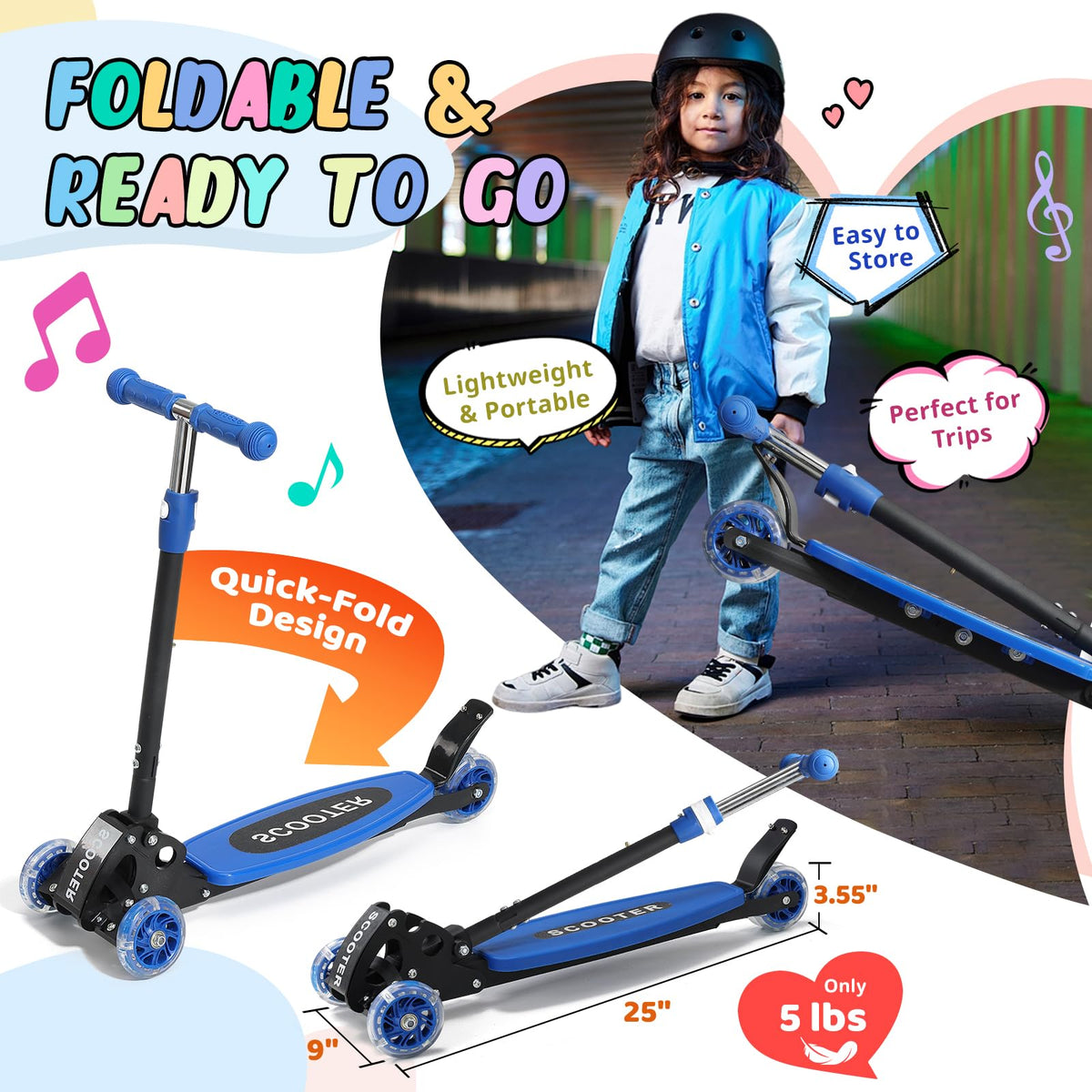 3 Wheel Kids Kick Scooter with Light-Up Wheels and Adjustable Handlebar L982