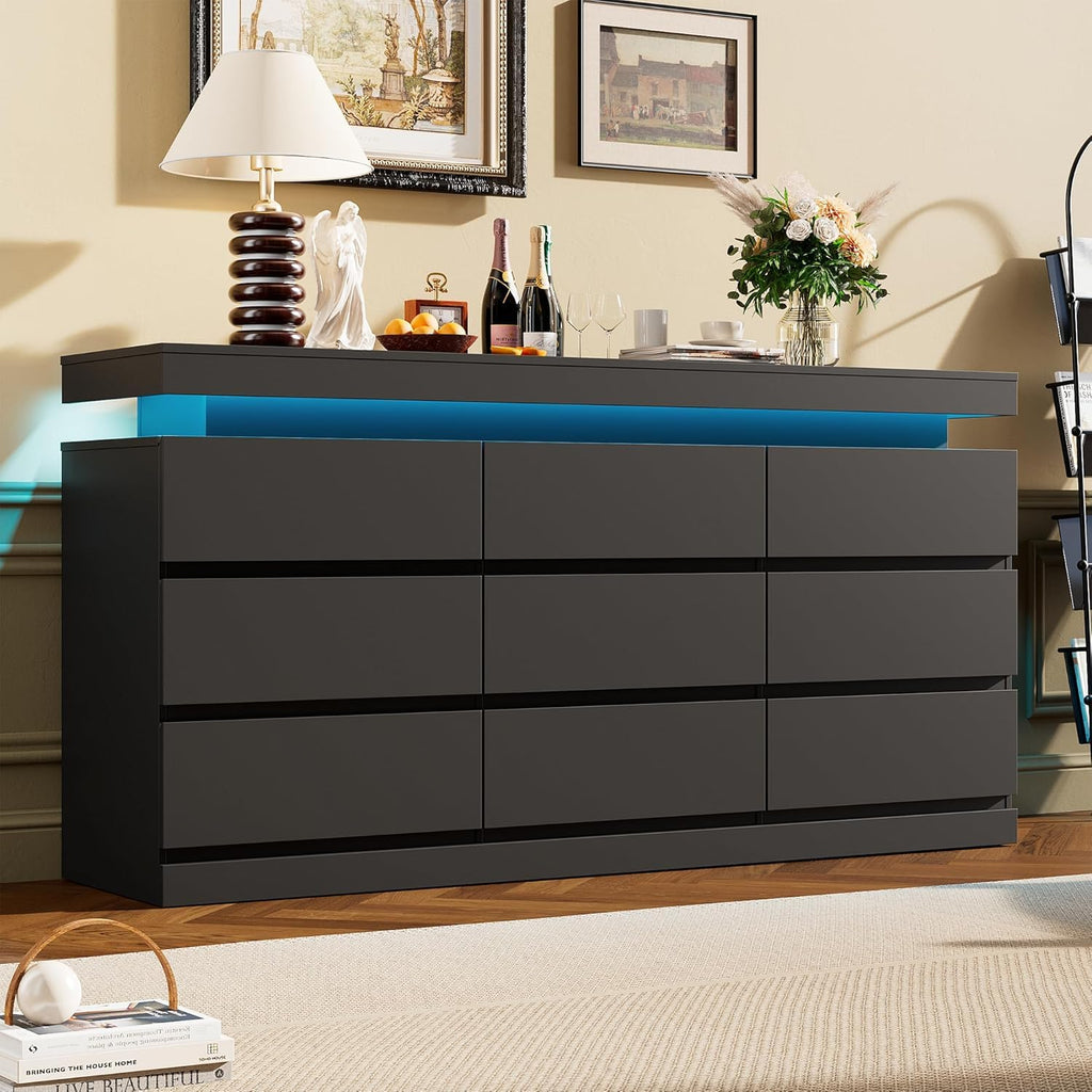 Black 9 Drawer Dresser with LED Light and Charging Station R28835