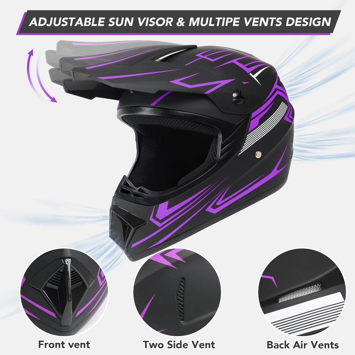 Kids Full Face Motocross Helmet 4-Pcs Set DOT Approved Purple X-Large M96186
