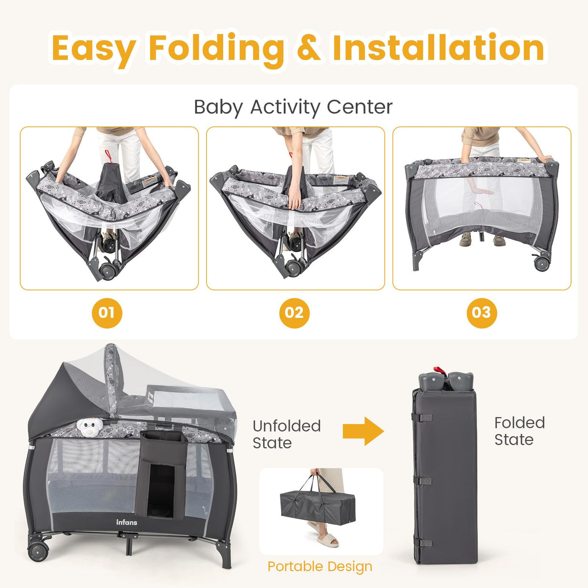4 in 1 Pack and Play with Bassinet, Changing Table, Storage Basket I6183