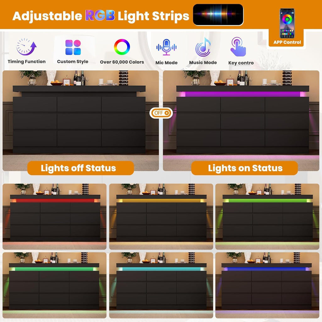 Black 9 Drawer Dresser with LED Light and Charging Station R28835
