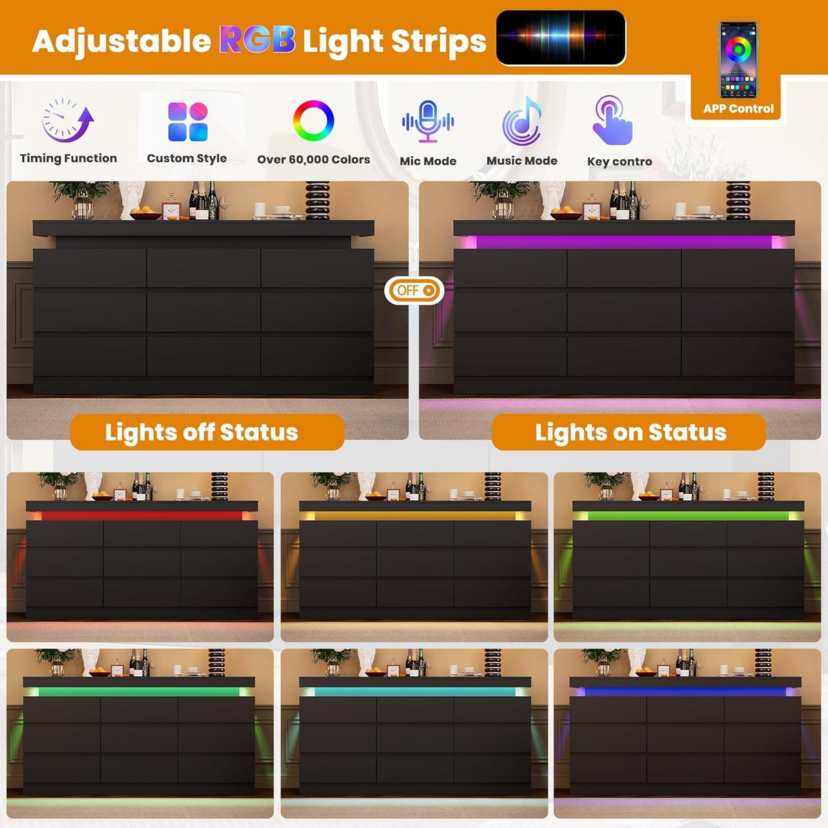 Black 9 Drawer Dresser with LED Light and Charging Station R28835