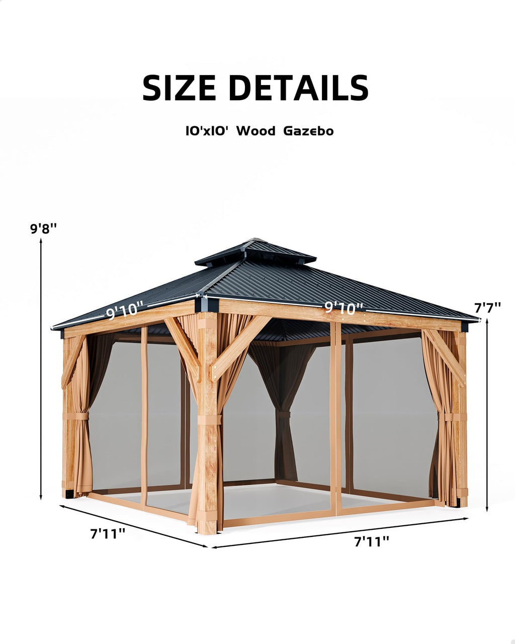 Hardtop Wood Gazebo 10 x 10 ft with Double Metal Roof U472940