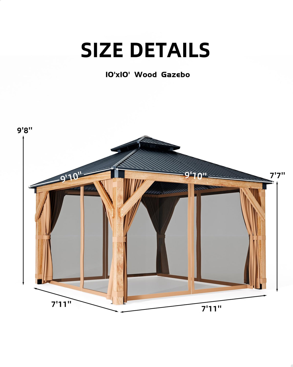 Hardtop Wood Gazebo 10 x 10 ft with Double Metal Roof U472940
