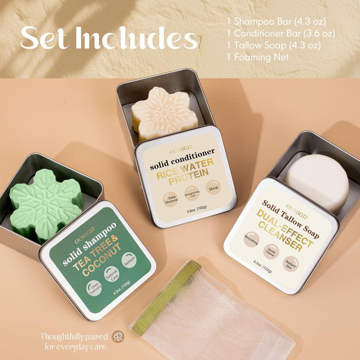 Tea Tree Clarifying Shampoo Bar & Rice Water Protein Conditioner Bar Set 2 pack D6254