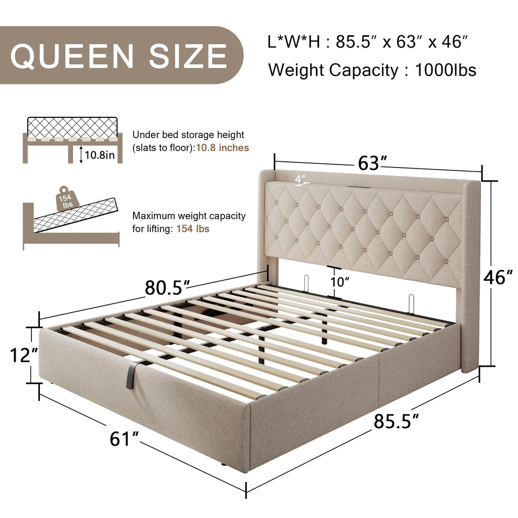Queen Size Lift Up Storage Upholstered Bed Frame with Charging Station K68663