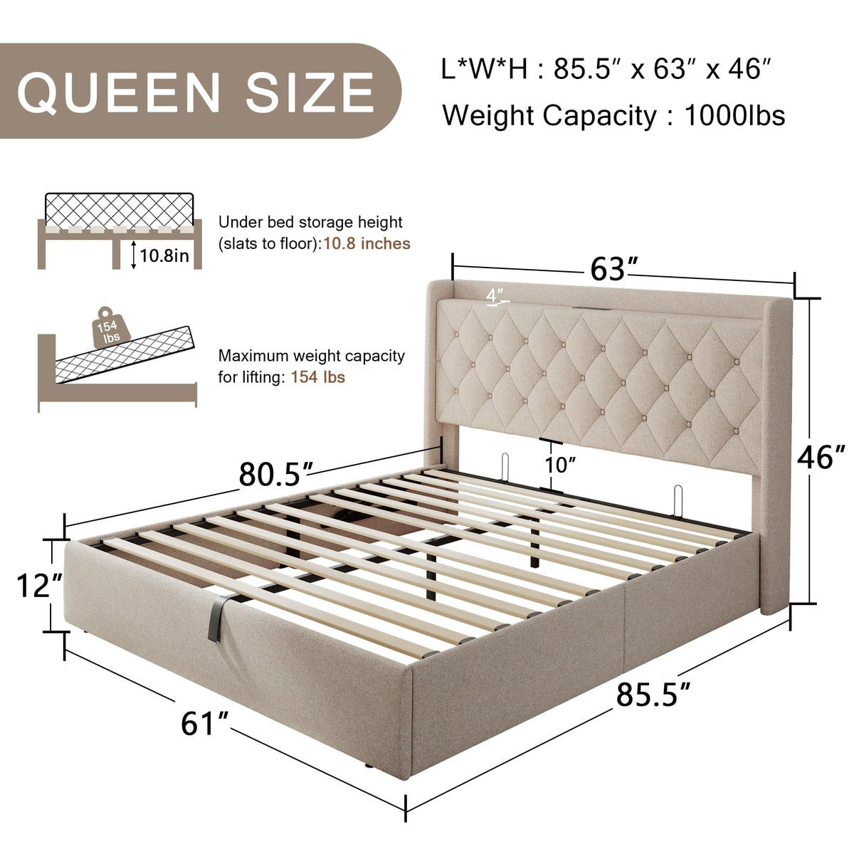 Queen Size Lift Up Storage Upholstered Bed Frame with Charging Station K68663